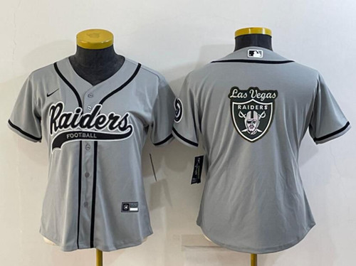 Women's Las Vegas Raiders Grey Team Big Logo With Patch Cool Base Stitched Baseball Jersey(Run Small)